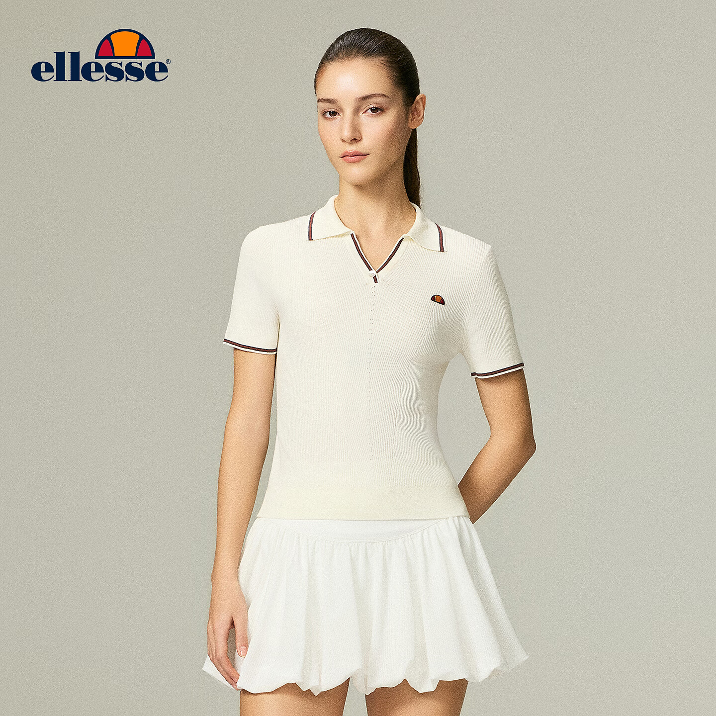 ellesse小贝壳26春新品网球服撞色条纹运动复古老钱风polo短袖女 本白 S