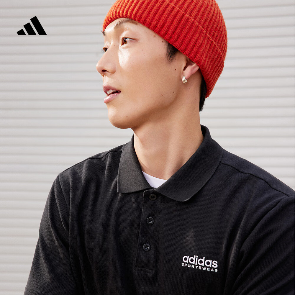 adidas休闲简约学院风翻领短袖POLO衫男装夏季阿迪达斯官方轻运动 黑色   XL  