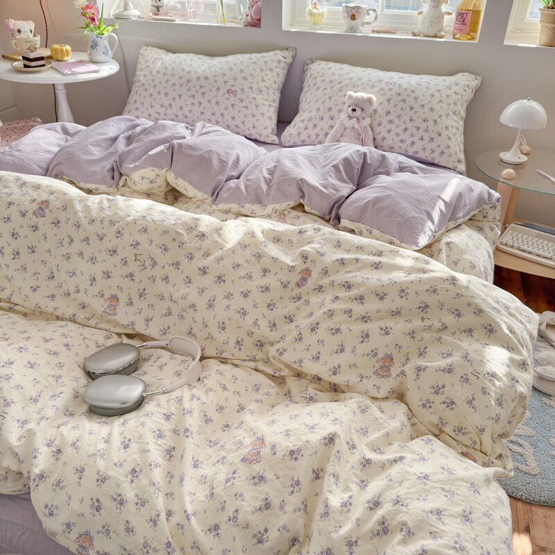 一默四件套2026款A类古法水洗仿棉云感纱被套床单床笠枕套家用四件套 花集小兔 2.0m 床单款 （被套200*230cm） 四件套