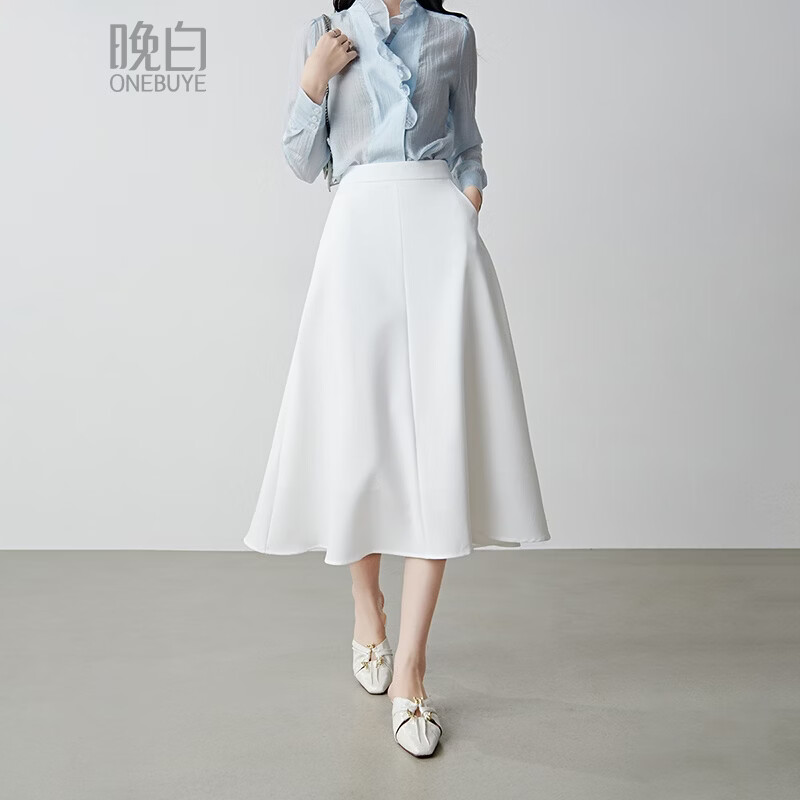 晚白【新品】2026年春款白月光纯色裙子高腰显瘦垂感带口袋大摆半身裙 米白色 S
