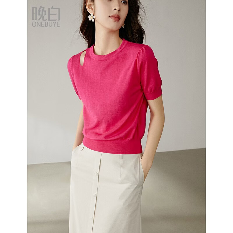 晚白【新品】2026年春款时尚圆领镂空上衣亲肤舒适短袖针织衫女 玫红色 S