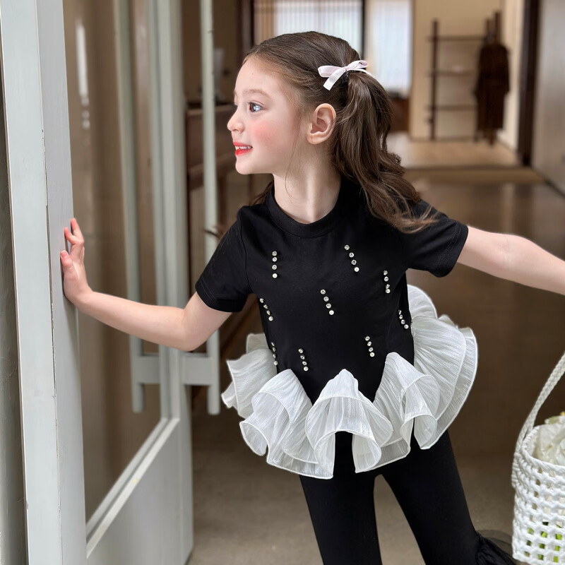 栀了成长记女童装韩版百搭上衣2026春季儿童新款时髦花边短袖T恤 黑色 上衣 100 cm