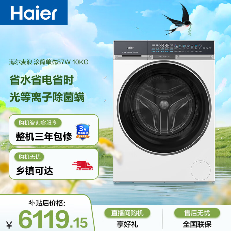 海尔（Haier）麦浪 全自动滚筒洗衣机白色 10KG 风巡航 羽绒冲锋衣 家电京东自营 XQG100-BLENG87WU1