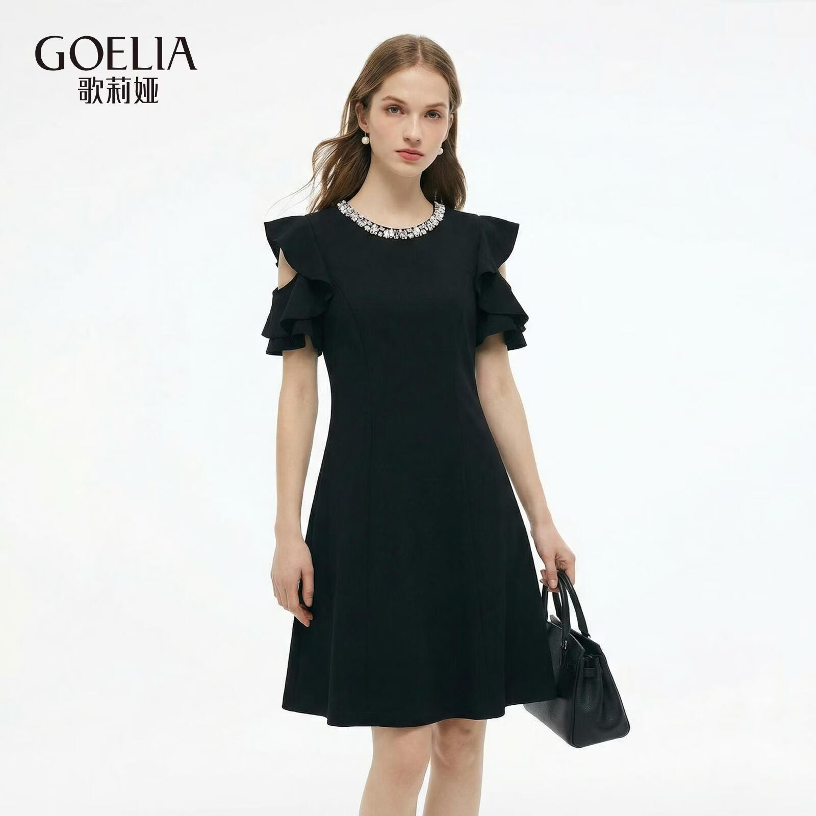 歌莉娅连衣裙女2026新款夏季优雅大方针织荷叶袖连衣裙1F4C4H1C0 00B黑色 M