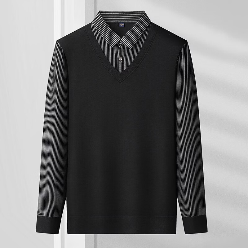 WAMLBN2025男士假两件秋冬新款韩版带领针织衫加绒衬衫领秋冬季加绒加厚 藏青 2XL 【150-165斤】