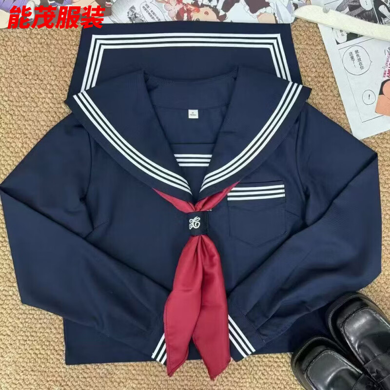 萱眸日系JK制服正统水手服基础款绀三本上衣新品萌妹中间服套装女 绀三本短/袖+裙子+红/领巾 S