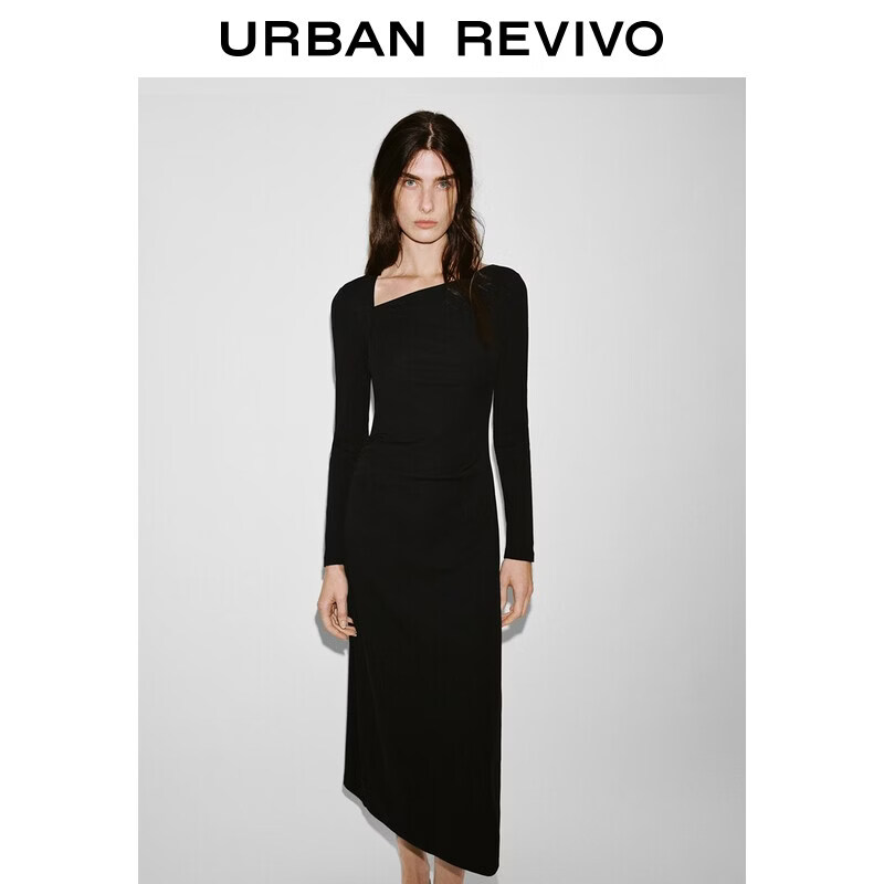 UR2026春季新款女装气质不对称领口褶皱修身连衣裙UWM760003 黑色 S