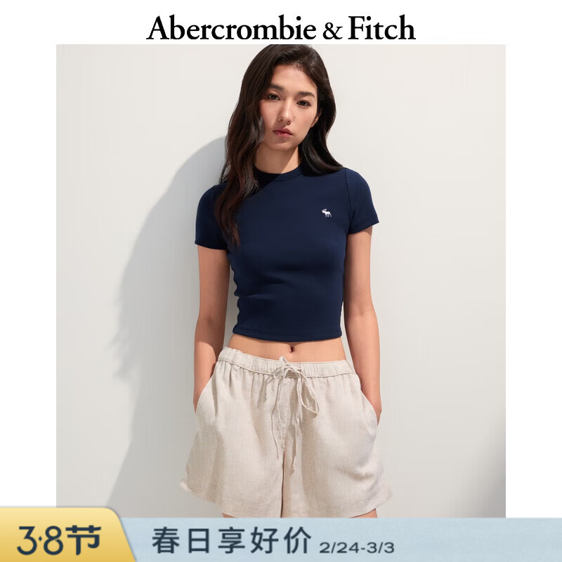 Abercrombie &amp; Fitch【多色圆领T】经典小麋鹿图案女装25夏季美式短袖T恤139-5272 海军蓝 XS (160/84A)