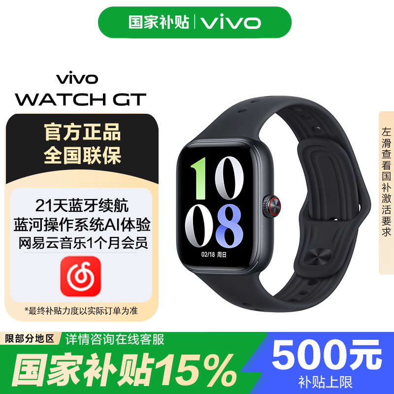 vivo WATCH GT【国家补贴】智能手表新年年会礼物应用安装卸载通话NFC麦克风跑睡眠监测心率监测新品 【蓝牙版】 夏夜黑 软胶
