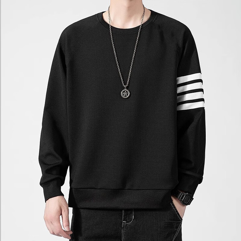 锐图森春秋华夫格卫衣男士夏季时尚百搭潮牌运动上衣宽松纯色套头T恤衫 304【黑色】四道杠 XL （建议120-135斤）