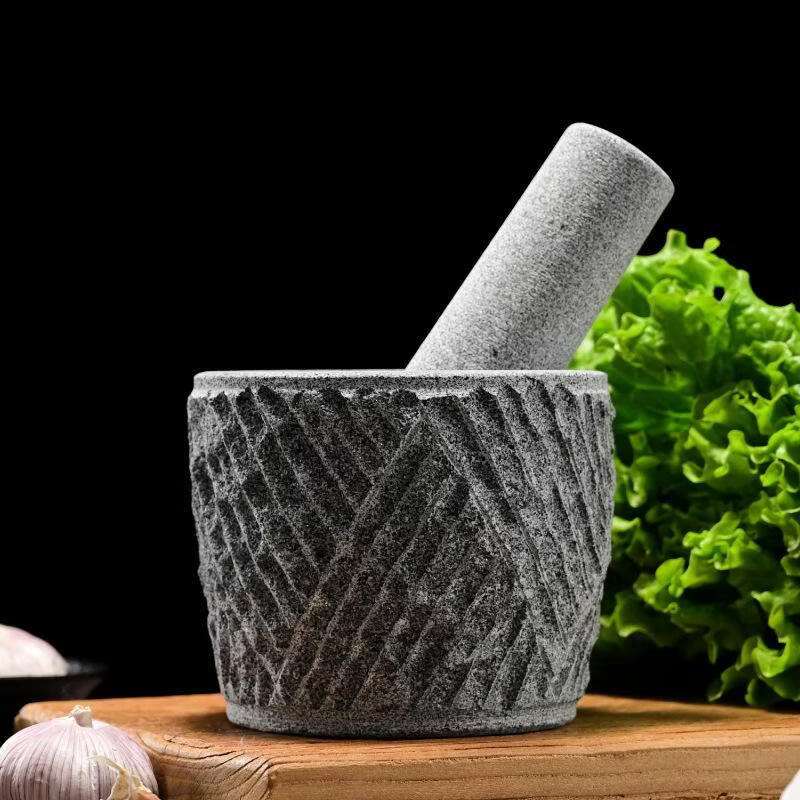 青石手工天然石头捣蒜器石臼家用蒜泥器捣糍粑蒜臼手动捣药罐 青石手工凿纹缸型石臼配木把锤特大30厘米直径 无规格