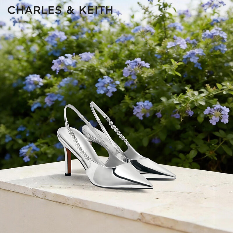 CHARLES&KEITH质感链条尖头高跟凉鞋子女鞋生日礼物CK1-60280377 Silver银色 37 (235)
