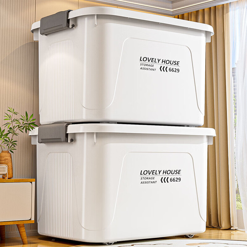 BEYZK加厚收纳箱多功能大容量带轮带盖防尘衣物被子储物箱车载整理箱 月光白【3个装】 巨无霸【70*52*42cm】加厚材质