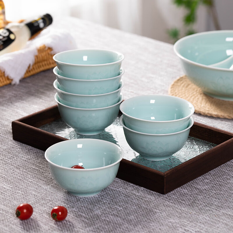 巧陶（QIAOTAO）陶瓷餐具套装龙泉青瓷中式碗菜碟盘子套组家用高颜值饭碗高档礼盒 出水芙蓉天青【46】 【礼盒装】 46件套