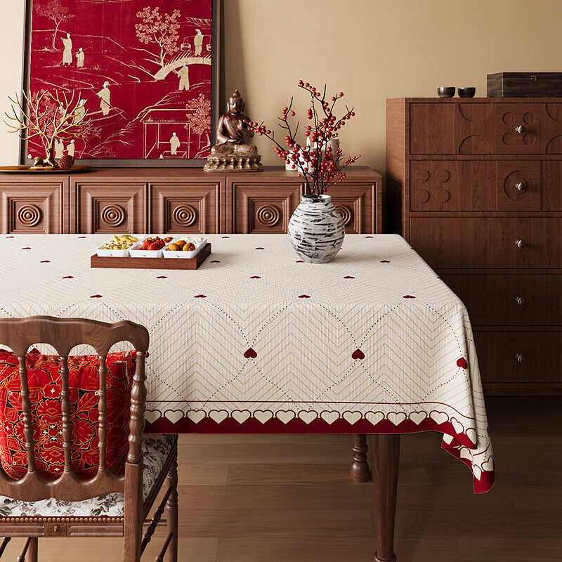 无印良品2025新款红色桌布轻奢高级感防水防油免洗新年喜庆氛围感茶几台布 菱格雅序【防污渍-易打理】 140*180CM【适合80*120长桌】