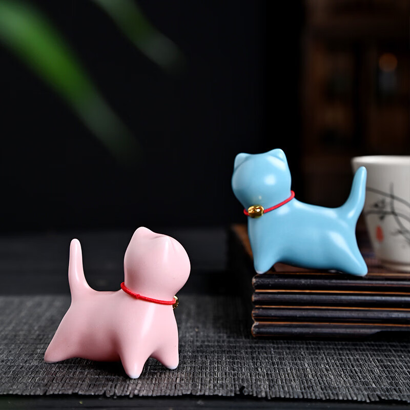 山头林村陶瓷可爱小猫咪摆件动物微景观茶宠室内桌面装饰茶具配件茶玩批发 萌猫摆件青色