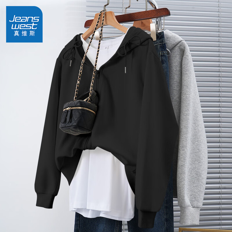 真维斯（Jeanswest）连帽卫衣外套女款春秋2026新款爆款小个子时尚百搭风拉链短款开衫 黑色 L