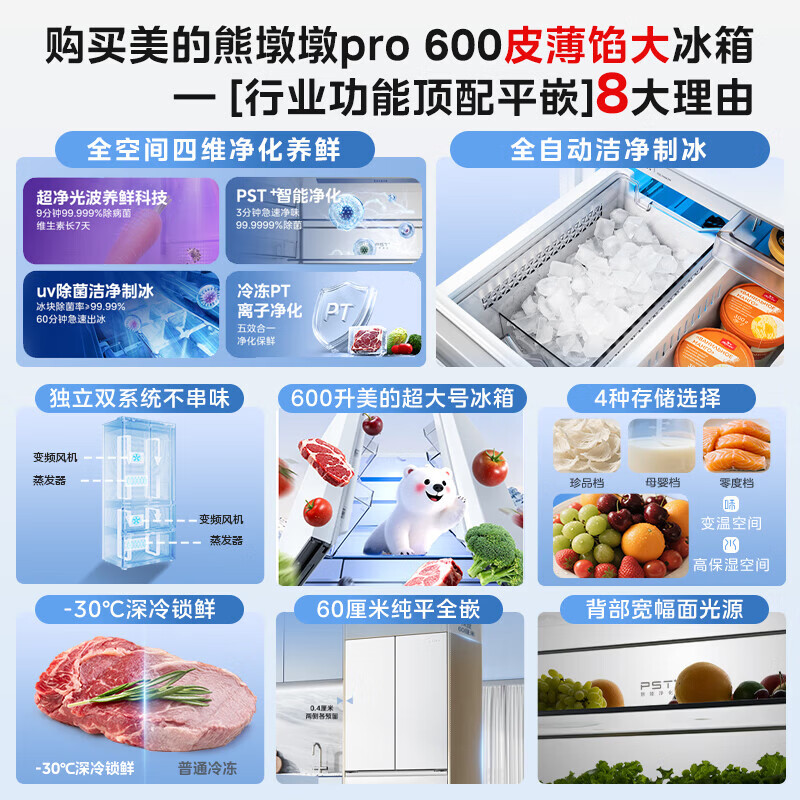 美的（Midea）熊墩墩Pro600L法式四开门冰箱超薄嵌入式双系统一级能效除菌制冰大容量 【熊墩墩600】行业功能顶配