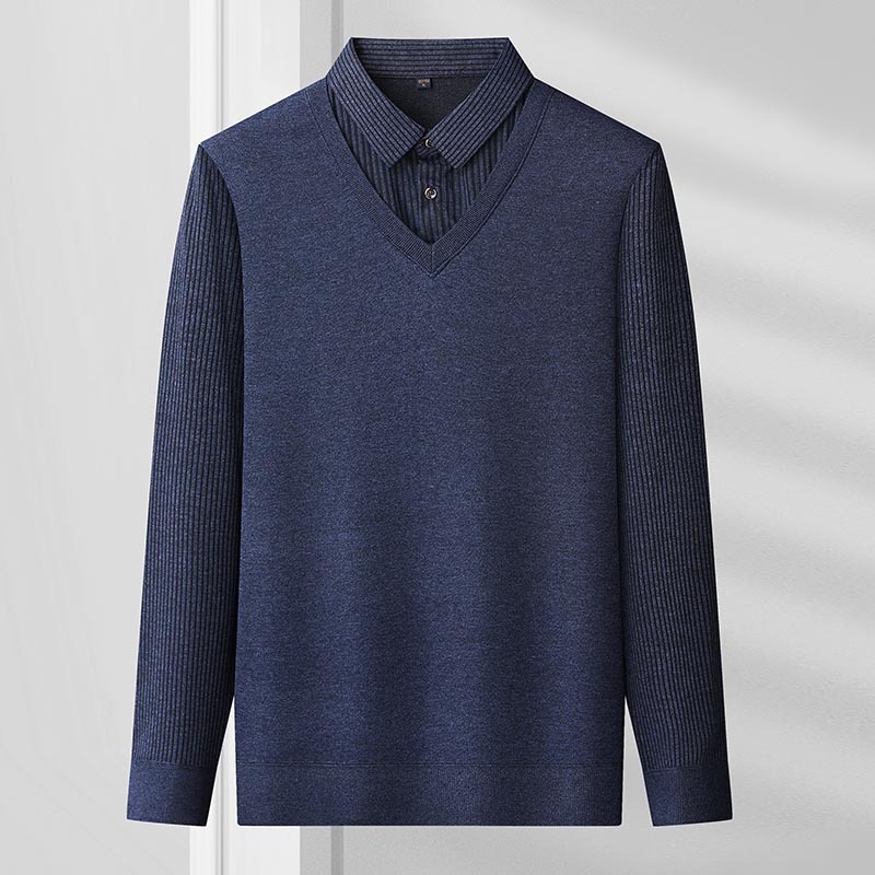 WAMLBN男士毛衣假两件秋冬新款韩版带领针织衫加绒衬衫领秋冬季加绒加厚 驼色 5XL 【200-220斤】