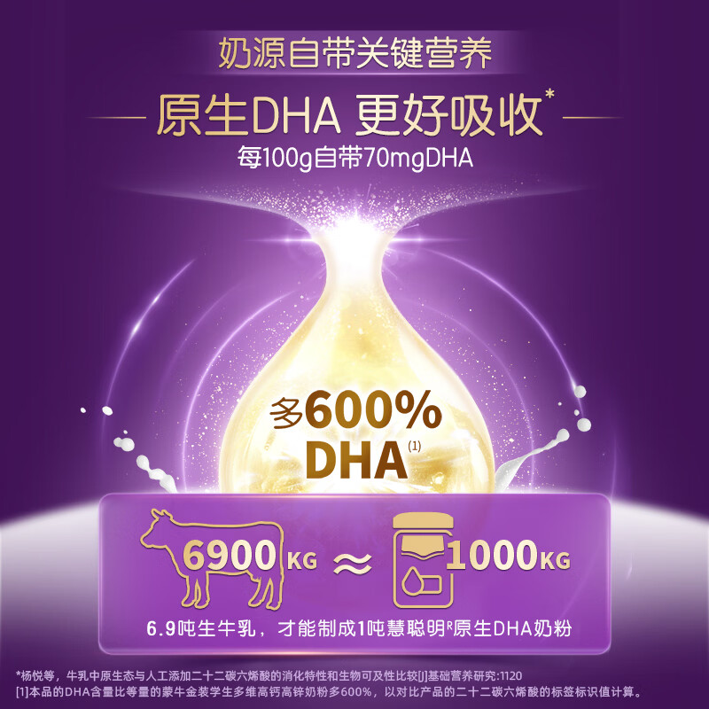 蒙牛慧聪明原生DHA学生奶粉400g/罐高钙高铁高锌生牛乳配方 独立包装 原生DHA儿童奶粉2罐