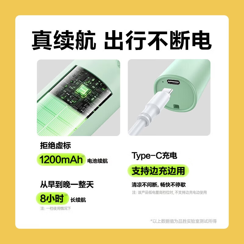 品胜（PISEN）小风扇充电便携小型迷你风扇办公室户外露营小型电扇学生宿舍桌面电风扇大容量长续航 【紫色】手持风扇｜三档变速 1200mAh