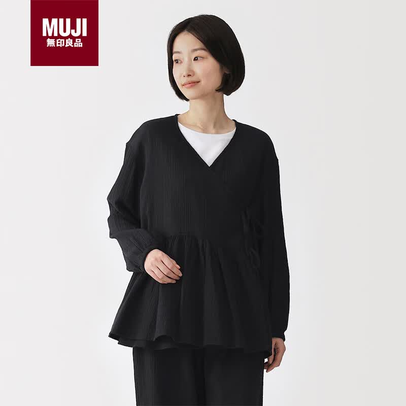 MUJI女式 杨柳纱织短开衫女士睡衣上衣单件 26年春季新品 黑色 M