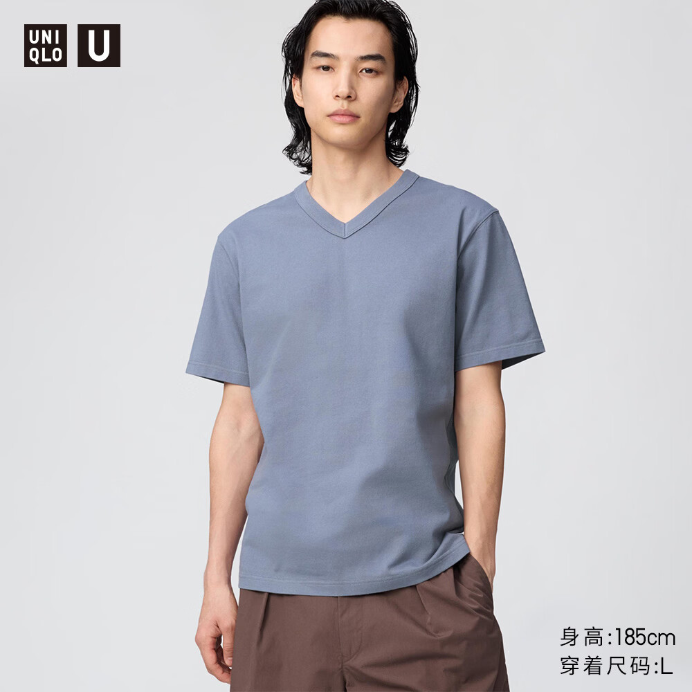 优衣库合作款/男装女装V领T恤/短袖482301 63 天蓝色 L