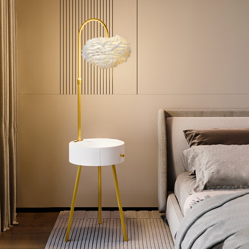 置物抽屉卧室床头柜灯一体客厅带充电羽毛落地灯 白色单层 按钮开关