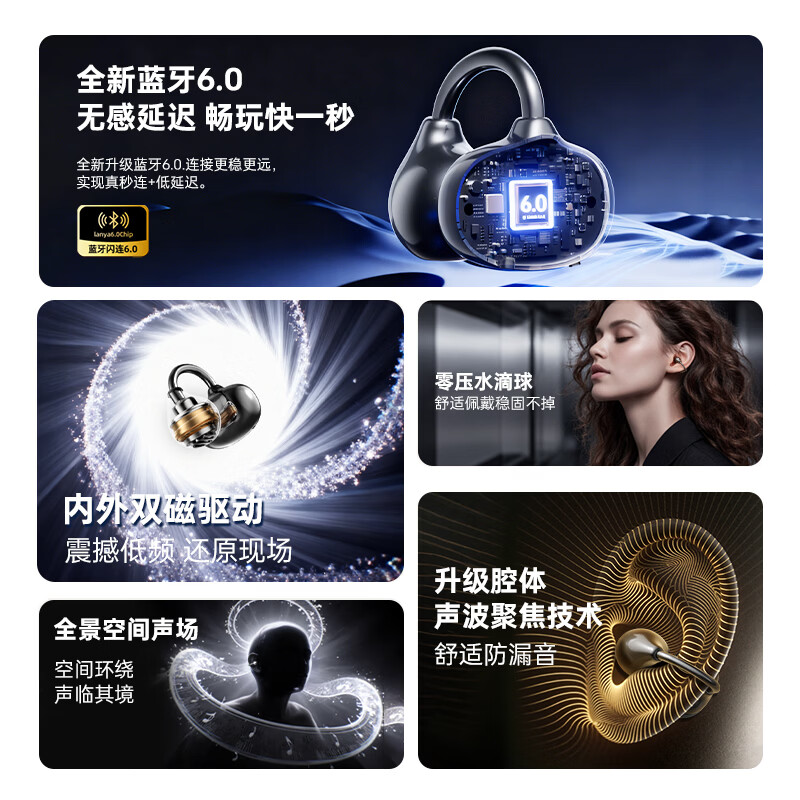 纽曼【2026新款顶配】蓝牙耳机无线耳夹开放式AI同传翻译运动骨传导概念不入耳降噪高音质降噪超长续航 墨黑【舒适无感+影院级音效+升级防漏音】