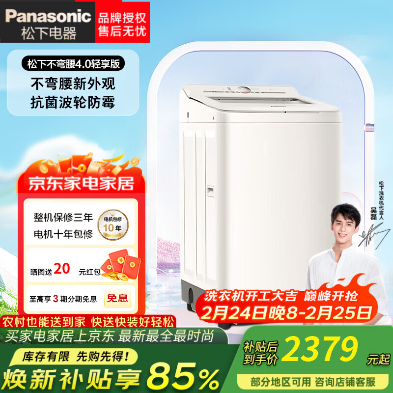 松下（Panasonic）白月光不弯腰4.0轻享版全自动波轮洗衣机10kg大容量家用智洗内筒抬高抗菌除螨 XQB100-8UF1 波轮