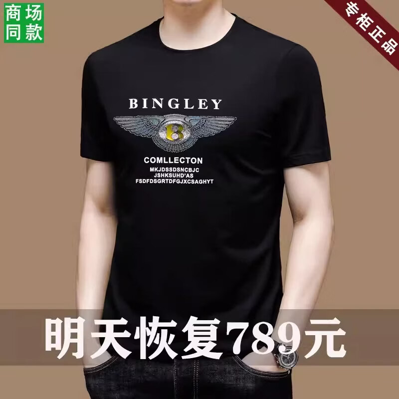 阿玛尼（ARMANI）意大利正品桑蚕丝短袖t恤男夏季新款圆领冰 丝薄款上衣男装大牌 国际一线品牌A-1019蓝色 3XL 185__建议170-185斤