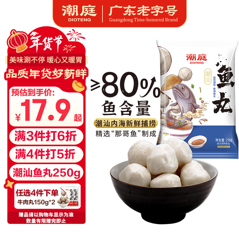 潮庭潮汕鱼丸250g 低脂高蛋白 内海新鲜海鱼 儿童早餐火锅夜宵年货