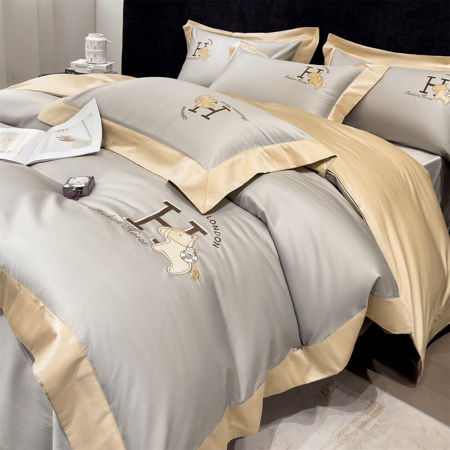 160支长绒棉四件套100%纯棉刺绣26年新款四季通用亲肤床上四件套 萌马-铂金灰 1.5m 床单款 被套200*230cm四件套