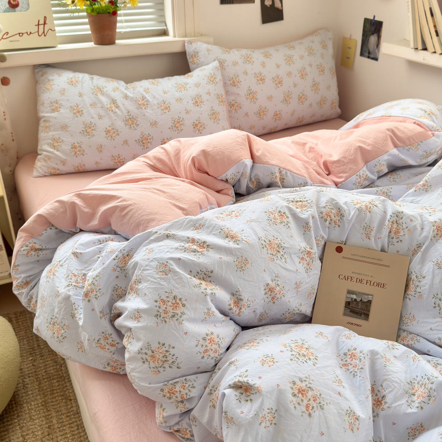 雅鹿小清新超柔水洗棉四件套亲肤透气宿舍单人三件套云柔棉4件套 浪漫时刻 1.2m三件套 床单款 （被套150*200cm）