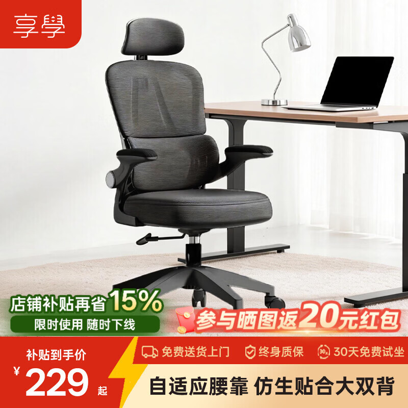 享学人体工学椅电脑椅电竞椅久坐护腰座椅家用舒适撑腰办公椅老板躺椅 【自适应腰靠 仿生贴合大双背】黑色海绵款