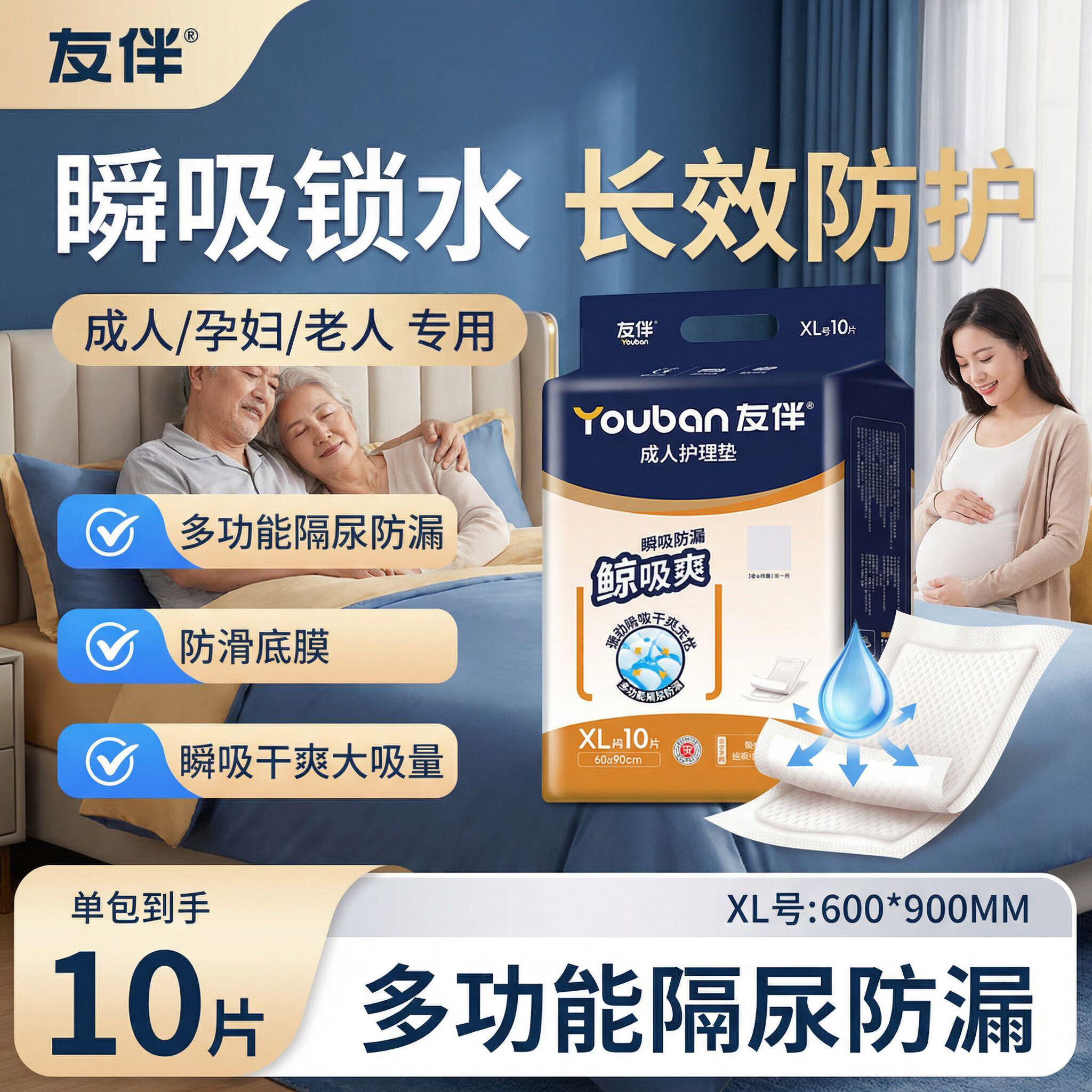 友伴鲸吸爽成人护理垫60x90隔尿垫老人一次性姨妈床垫产妇产褥垫 120片共12包