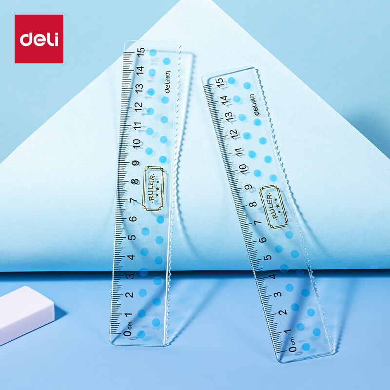 得力（deli）20cm蓝色亚克力直尺 波点防刮花 学生直尺 刻度清晰材质高透绘图必备文具开学文具