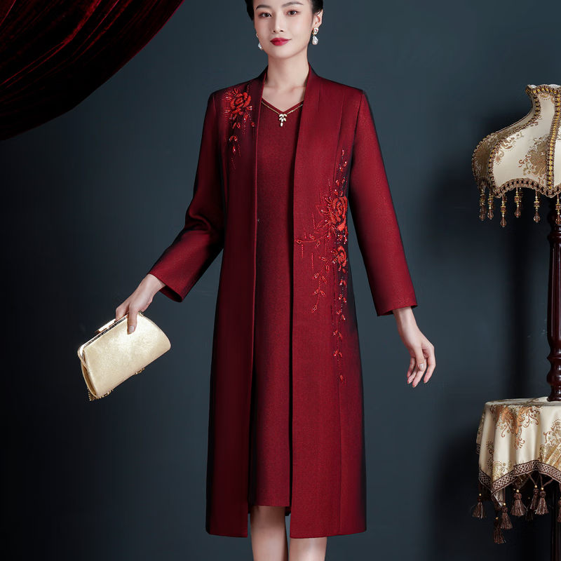 女儿结婚妈妈穿的秋装十月嫁女儿结婚礼妈妈装连衣裙两件套装喜婆婆