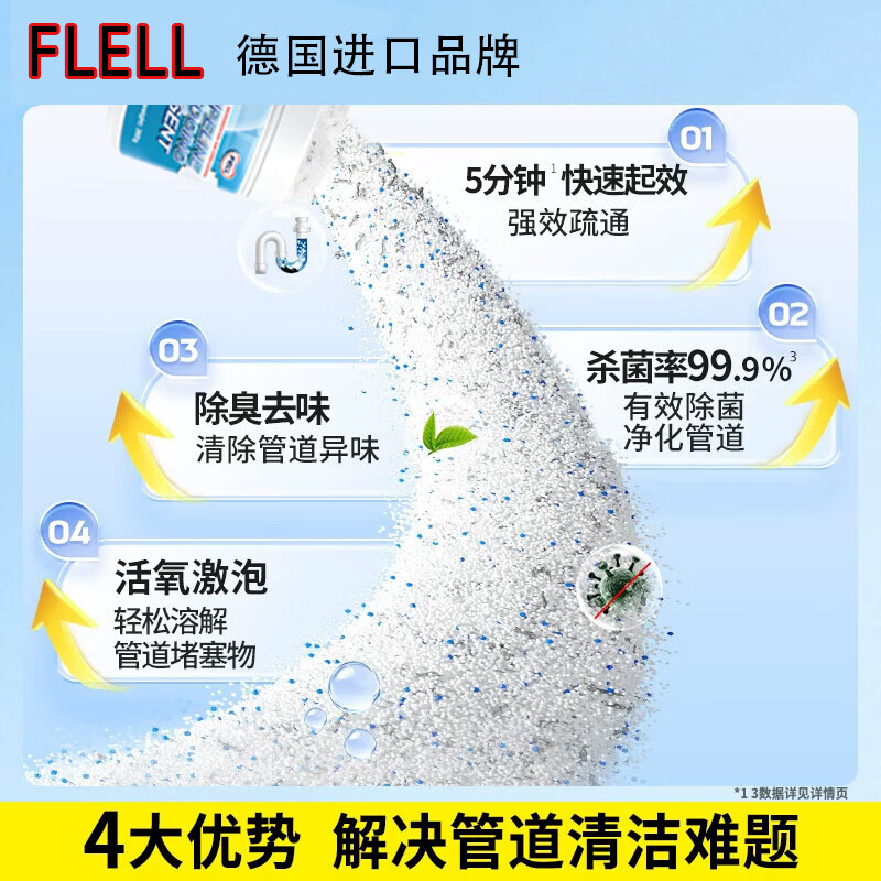 FIELL【德国】管道疏通剂厨房下水道重油污堵塞强力溶解厕所马桶除臭 【家庭囤货装】 260g 5瓶【强效分解神器】 家庭环境好帮手