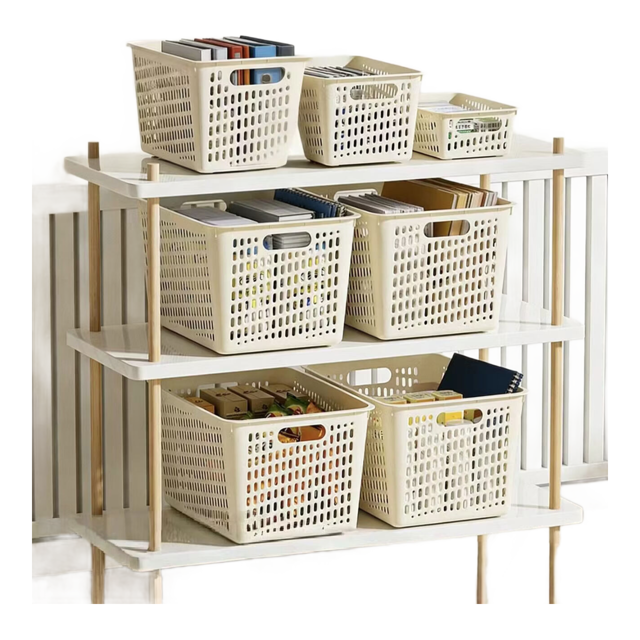 办公文件筐资料框档案筐文件夹收纳盒置物框学生放书筐简易桌面收纳筐 【奶油色】 中号1个