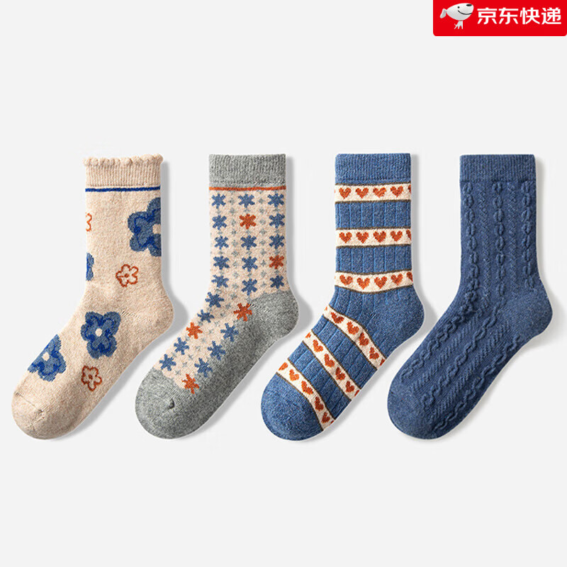 耐尔（NAIER）绵羊毛袜子女秋冬长袜加厚保暖复古百搭中筒袜ins潮堆堆袜七夕 【爆品-装】复古花朵-绵羊毛 4双 均码 女_35-39保暖羊毛袜_加购送