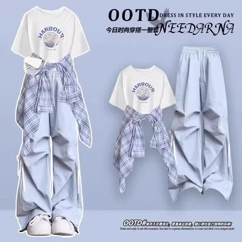 欧颖慕夏季女童套装初高中生12-15岁衣服女大童衬衫短袖工装裤三件套潮 【三件套】308白色上衣+黑衬衫+黑色工装裤 165 （L）码【建议105-120斤】