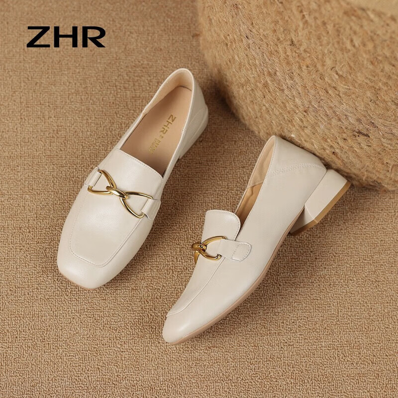 ZHR则则单鞋女秋季新品蝴蝶结金属饰扣休闲鞋子女百搭真牛皮透气舒适 米色 37