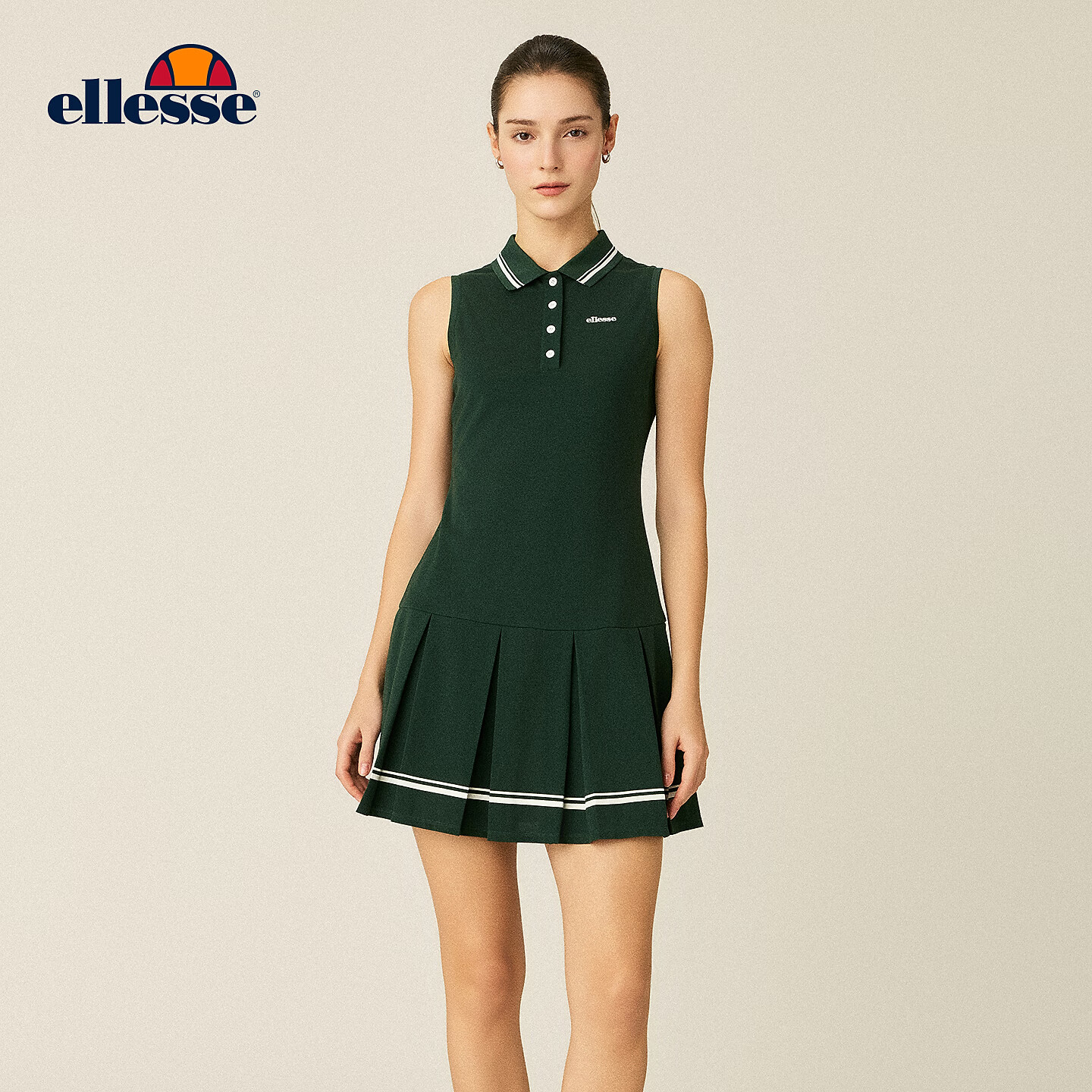 ellesse小贝壳26春季新品网球裙收腰显瘦运动翻领无袖连衣裙女 深林绿 S