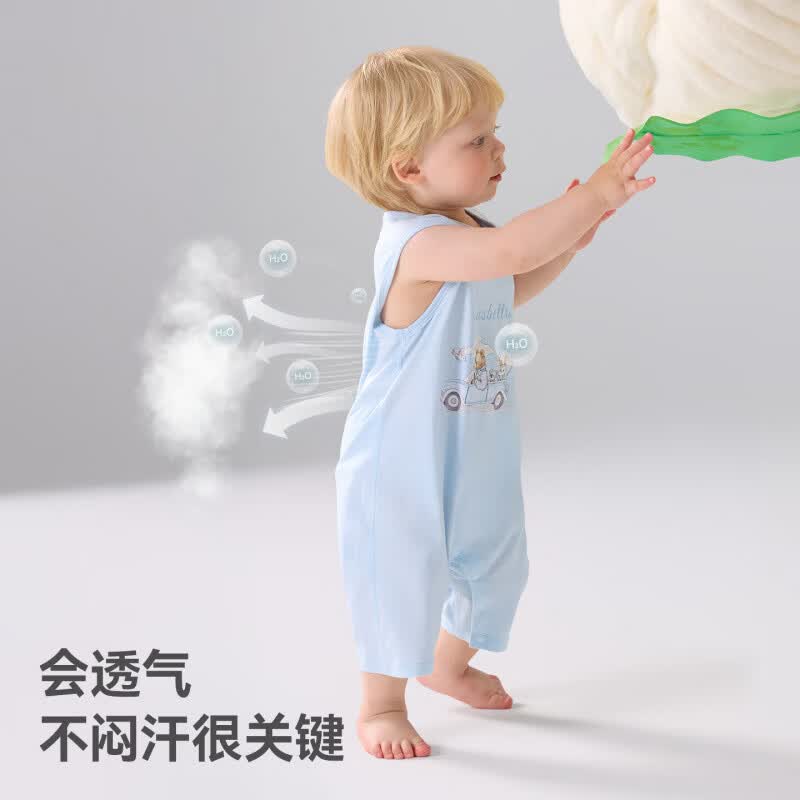 贝肽斯婴儿衣服夏季新生儿连体衣薄款男女宝宝无袖爬服吊带背心包屁衣 悠游假日 100cm
