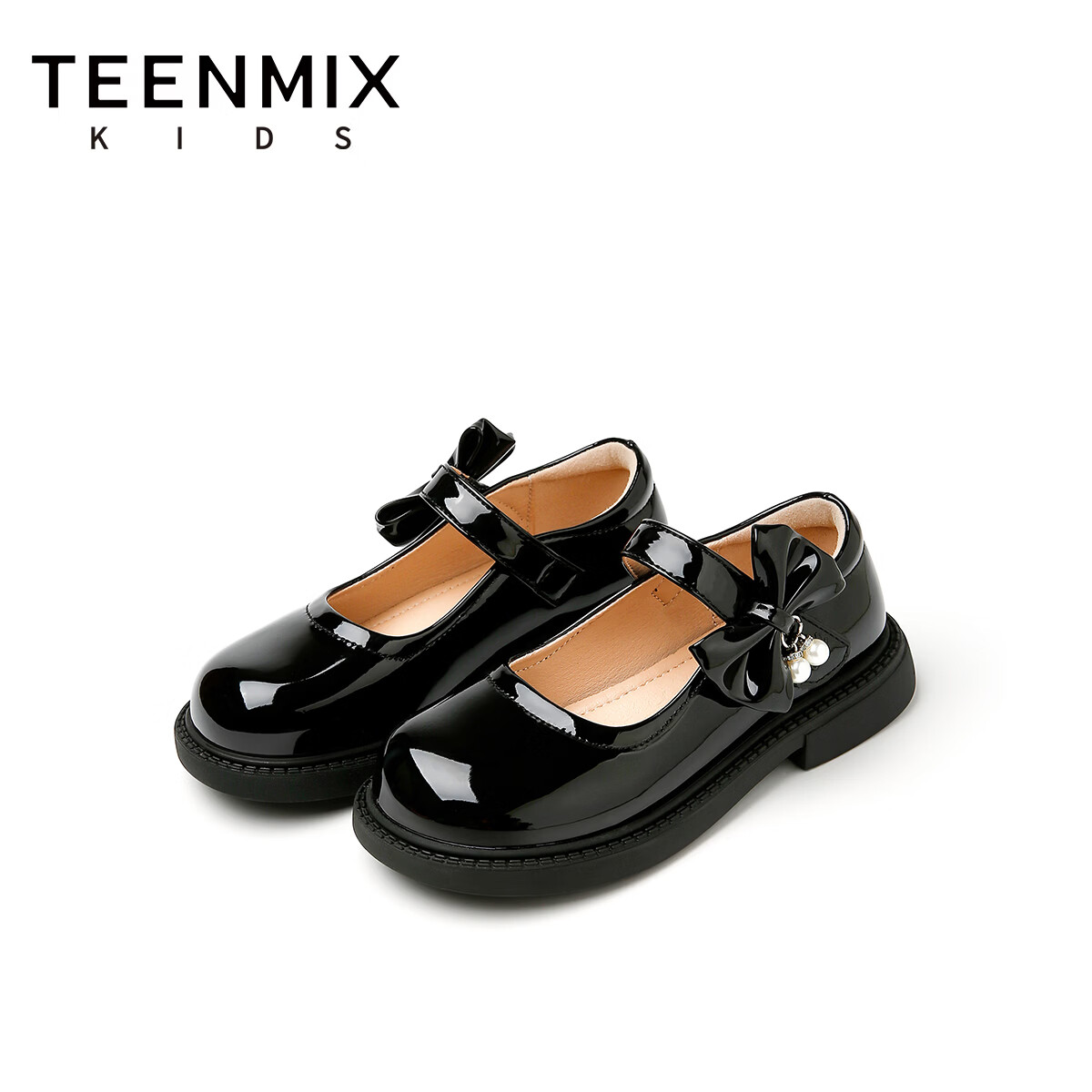 天美意童鞋儿童2026春秋季新款女童中大童软底女孩时尚百搭蝴蝶结小皮鞋 黑色 35
