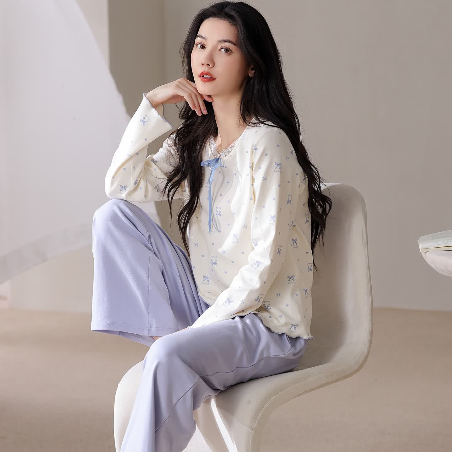 猫人纯棉睡衣女款春秋季2026新款长袖长裤简约休闲家居服套装