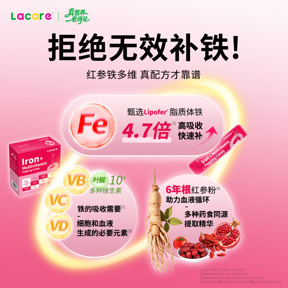 Lacare乐佳善优女性成人补铁剂补气血红参铁多维跳跳糖补气血女性滋补品 无铁锈味 21条*3盒 原装进口