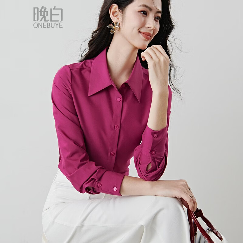 晚白【新品】2026春款翻领棉感上衣合体收腰显瘦显白树莓红通勤衬衫女 树莓红 XL