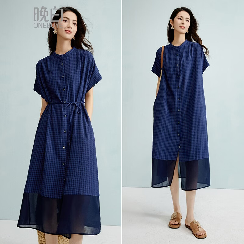 晚白【新品】2026年春款立领格纹裙子系带收腰宽松休闲大码连衣裙 蓝色 XL